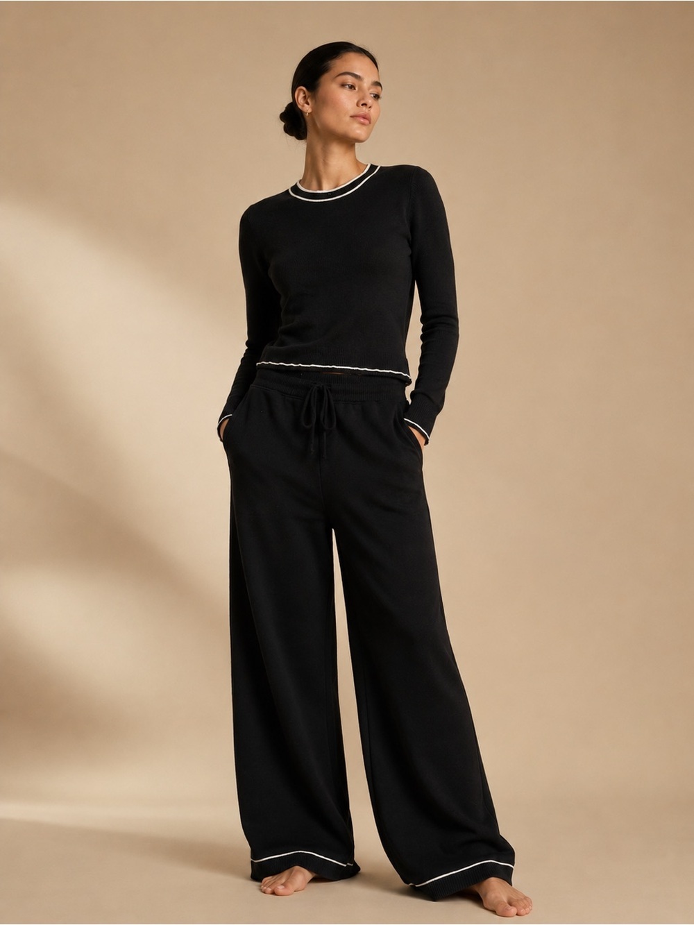 Black Wide-Leg Lounge Pants with Contrast Trim